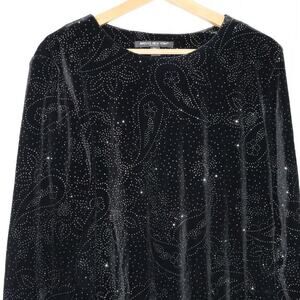 Black Velvet Sequin Top Size PL 3/4 Sleeve Round Collar Briggs NY Tunic